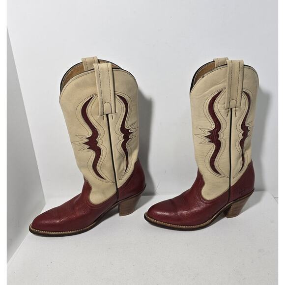 Vintage FRYE Tan Red Leather Bench Crafted Cowgirl Western Ladies Boots Sz 6B - Picture 4 of 16
